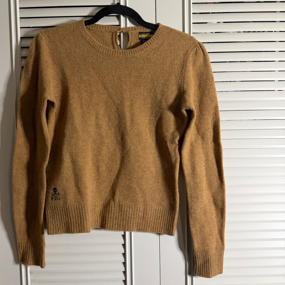 Ralph Lauren Rugby Wool Sweater Camel Tan Skull Bones Keyhole Back Womens Small